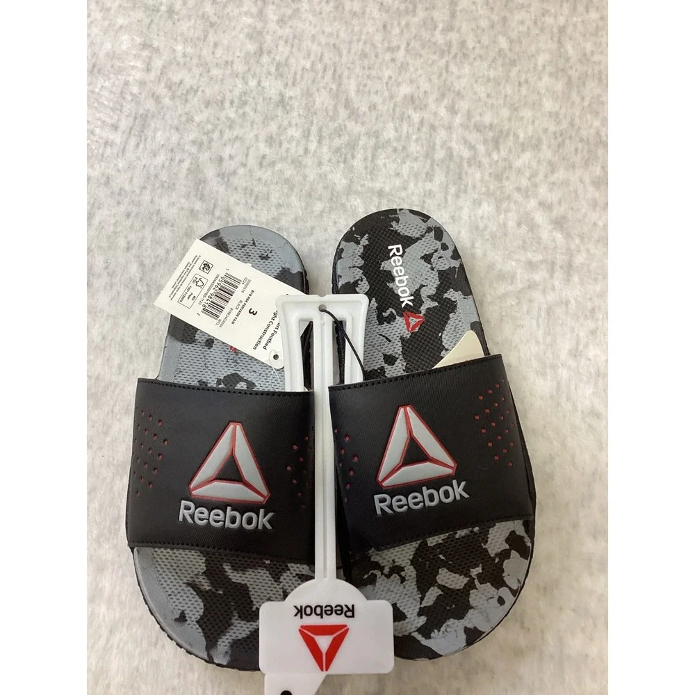 Reebok Pervade Fam‎ Kids Camo Slides Black Grey White Size 3 BYRE24GX004